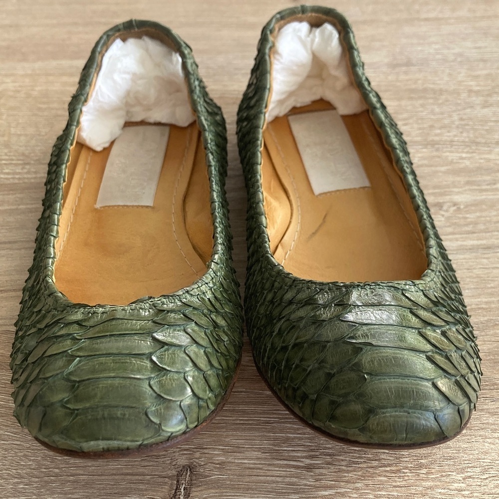 Lanvin Olive Green Python-Embossed Ballet Flats - Picture 2 of 8